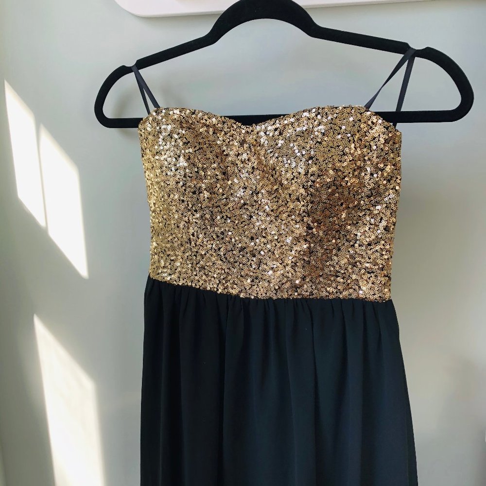 Black and Gold Sequin High-Low Dress